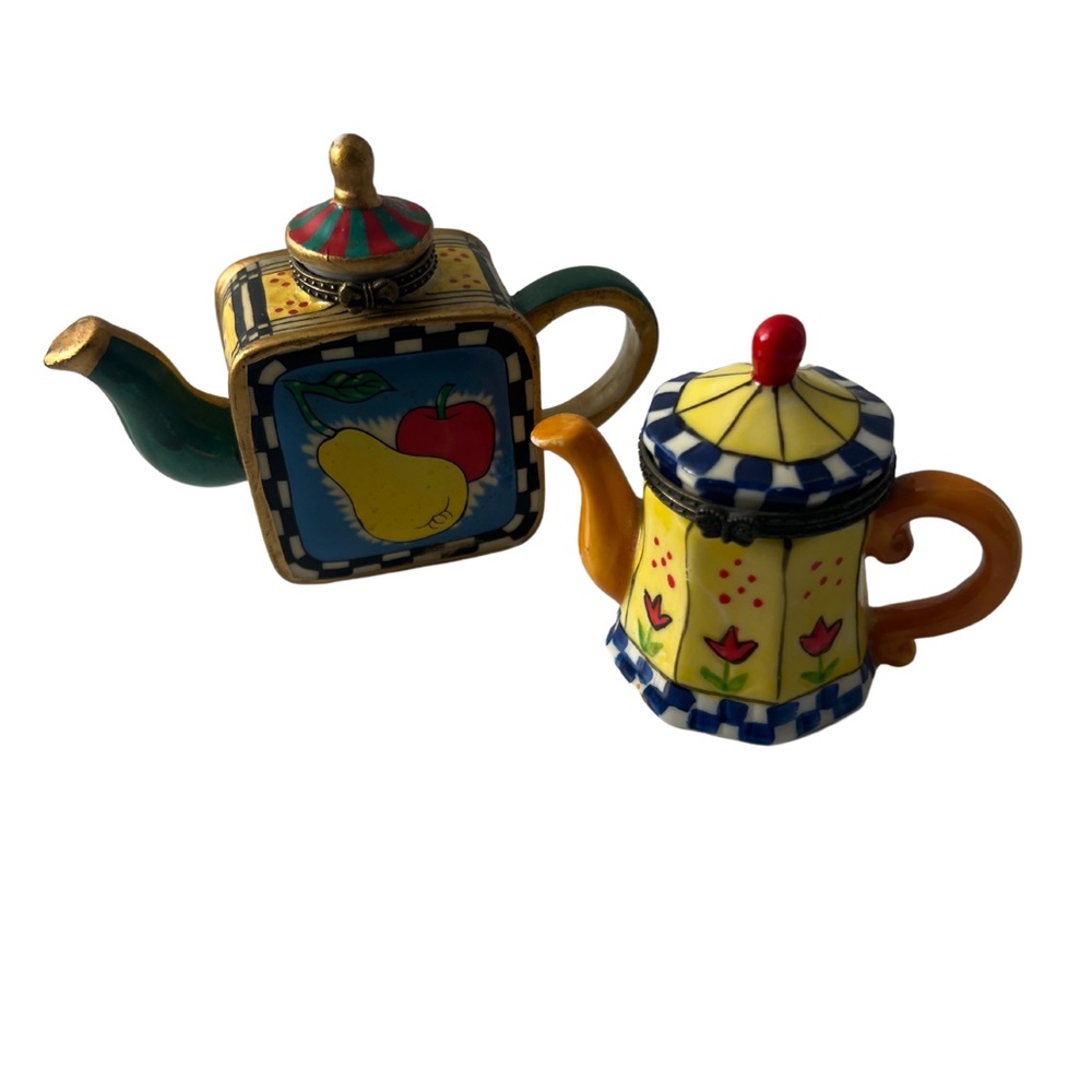 Two Whimsical Vintage Porcelain Teapot Trinket Boxes